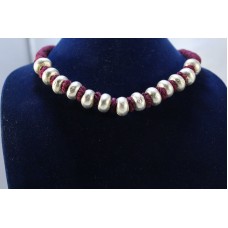 Vintage sterling silver 925 Round bead necklace ,wax inside beads,Red thread