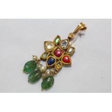 Traditional India Gold Navratna Uncut Diamonds Pendant Wax inside Emerald Bead