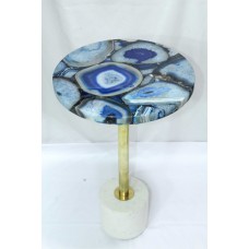 Handmade Semi precious Blue Agate stone coffee table top brass marble stand