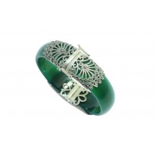 925 Sterling Silver jewellery Marcasite and green onyx Cuff Bracelet Bangle
