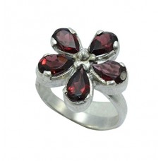 925 Sterling Silver Women's Ring Real Natural Garnet Stone Flower Design Ring Size No. 22